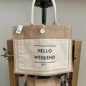 Hello Weekend by Wynn Natural Canvas Tote Bag